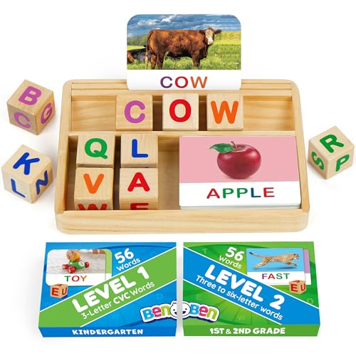 BenBen Spelling Games with Flash Cards, 112 Words, Montessori Toys for 3 4 5 6 Years Old Kids, Wooden Matching Letters Games, CVC Word Educational Learning Toys, Gift for Preschool Kindergarten - style: Matching & Spelling Game with Flash Cards