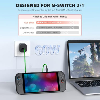 Switch 2 Charger - 60W AC Adapter for Nintendo Switch/OLED/Lite & Steam Deck/OLED, 5FT Charging Cable, Support 4K TV Dock Mode, Power Supply 20V/3A Fast Cord - Original Quality, Xbox 360 Console - size: 5FT
