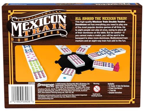 Mexican Train Dominoes - Beautiful Color Dot Double 12 Dominoes Set - Includes Train Markers and Hub by Pressman Multi Color, 5"