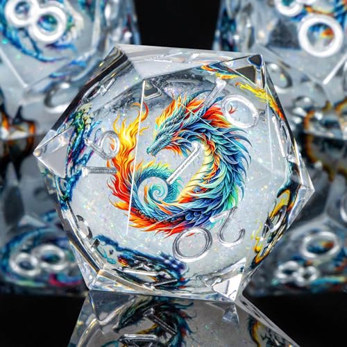 OUKELANWO Liquid Core Dragons Stickers DND Dice Set D&D, 7Pcs Dungeons D and D Role Playing Dice with Gift Box, Resin Sharp Edge Dice D20 D12 D10 D8 D6 D4, White - color: White