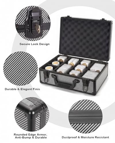 LOCKCURX Carbon Fiber Coin Storage Box & Coin Case – Holds 120 NGC/PCGS Graded Slabs or 1400 Coin Capsules, Dual Key Lock with 6 Removable Dividers, Customizable Silver Coin Storage for Collectors