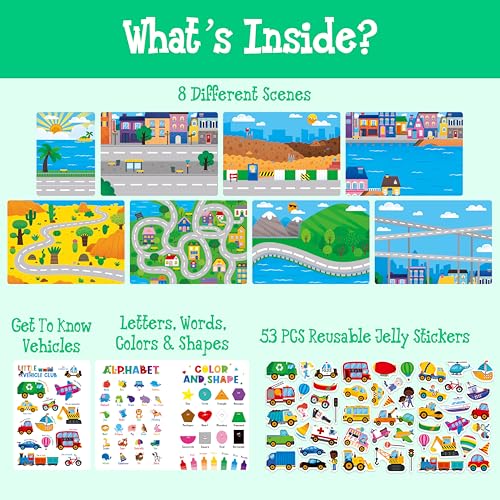Reusable Jelly Sticker Book, 53 Vehicle Thick Jelly Stickers Waterproof Gel Cling Decals Transportation Themed Busy Book Hands-on Activity Travel Game Educational Learning Toys for Toddlers, Kids