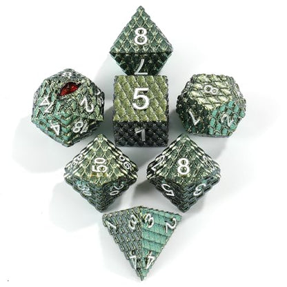 7pcs Dragon Scale Dice Set,Dragon Eye Metal Dice with Gift Metal Box for TTRPG Tabletop Gaming,Dungeon Masters,RPG Adventures(Grass Green & Red Eye) - color: Grass Green & Red Eye