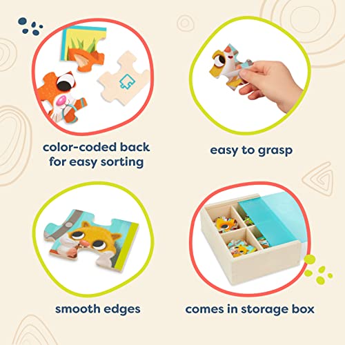 B. toys Wooden Puzzle Set, 4 Animal Puzzles with Wooden Box, Pets | Pack o' Puzzles - Pets includes 4 wooden 12-piece puzzles with cat, dog, bird, and hamster; color-coded backs; 3+ Years - style: Pets