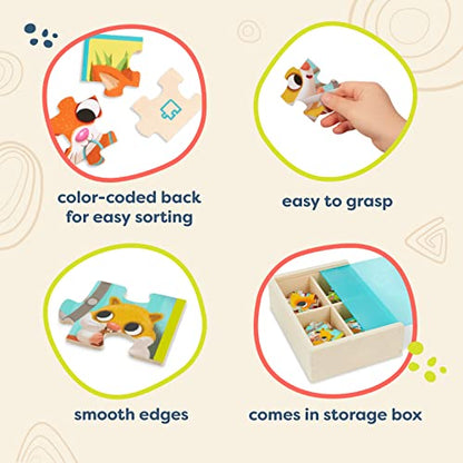 B. toys Wooden Puzzle Set, 4 Animal Puzzles with Wooden Box, Pets | Pack o' Puzzles - Pets includes 4 wooden 12-piece puzzles with cat, dog, bird, and hamster; color-coded backs; 3+ Years - style: Pets