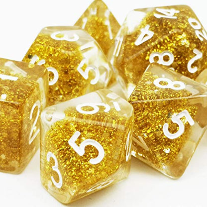 Haxtec Glitter DND Dice Set Gold 7PCS Polyhedral D D Dice for Roleplaying Dice Games Compatible with Dungeons and Dragons, Dice Bag Included - color: Gold