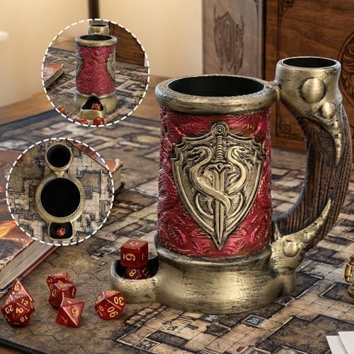 Dice Tower Mug DND Dice Rolling Tower with 7 PCS Dice Set | Dice Tower Suitable for Dungeons And Dragons, Tabletop Games, Available As Drink Holder, RPG Gifts. - color: Purple-gold Shield