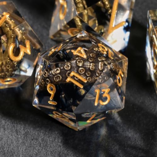 DND Dice Set Polyhedral, Translucent Liquid Core Dice, Resin Octopus Design for Dungeons Dragons D and D TRPG Gaming Dice - color: Octopus-black