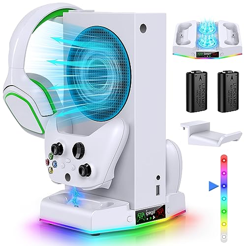Cooling Stand & Charge Station for Xbox Series S with RGB Light Strip,White | Dual Controller Charger & Cooler Fan for XSS Console Accessories with 2*1400mAH Rechargeable Battery Pack,1*Headphone Hook - color: White