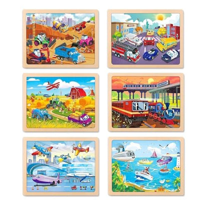 Wooden Puzzles for Toddlers 3-5,6 in 1 Jigsaw Wooden Solar System Puzzles for Ages 4-6,Preschool Educational Brain Toys Gifts for Boys and Girls 2 4 3 5 Year Old（Vehicle） - style: Vehicle