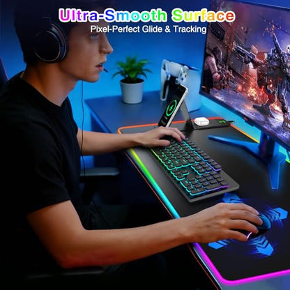 XXL RGB LED Gaming Mouse Pad with Magnetic Wireless Charger & Foldable Phone Holder, 31.5"x15.8" Extended Ultra-Smooth Desk Mat, 25 Lighting Effects, Non-Slip Base, Includes 20W PD Adapter - color: RGB-Magnetic Stand-31.5"x15.8"-Adapter