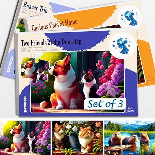 QUOKKA 100 Piece Dementia Activities for Adults - 3 Set Dementia Puzzles for Elderly - Large Piece Gifts Products for Seniors - Alzheimers Jigsaw Puzzle Games for Adults with Beavers, Cats and Dog - color: Beavers, Cats and Dog