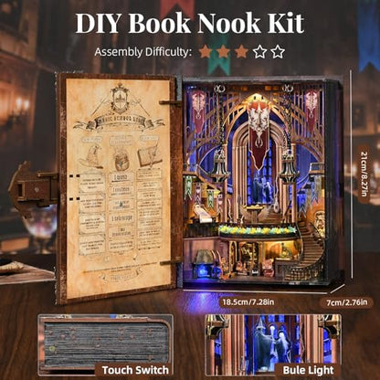 MiniCity Magic Admissions Book Nook Kit, Wooden Miniature House with LED | Open the book-style case to reveal a magic academy; 248-piece LED model includes dust cover, glue/tools and guide, ages 14+. - style: Magic Admissions Guide