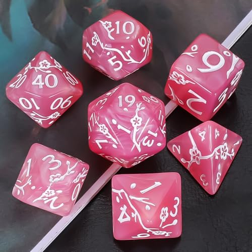 CiaraQ 7pcs Polyhedral Dice Set for Dungeon and Dragons MTG Table Games | Acrylic Role Playing Dice for D&D with Black Velvet Bag – Pink Pearl with White Numbers & Plum Blossom Patterns - color: Pink and White Floral Dice