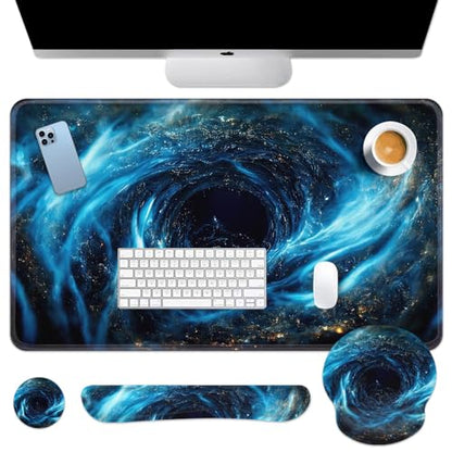 Britimes Blue Black Galaxy Keyboard Mouse Pad Set Desk Ma Space Abstract 4in1 Large Mousepad+Keyboard Wrist Rest+Mouse Wrist Rest+Coaster Ergonomic Design for Home Office Computer 35.4x15.7 inches - color: Blue Black Gold Galaxy