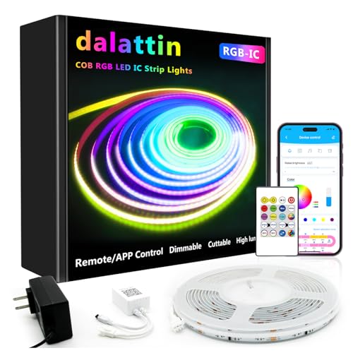 dalattin Smart RGB COB LED IC Strip Lights, 576 LEDs/m Addressable High Density Flexible with Remote & App Control, 16.4ft LED Lights for Living Room, Bedroom, Kitchen Lighting - size: 16.4FT