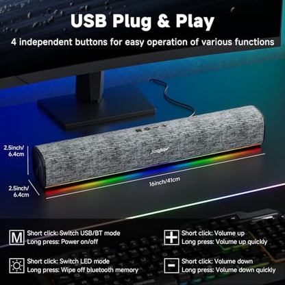 SOULION Computer Speakers for Desktop Monitor USB Plug & Play PC Soundbar | Dynamic LED Light, USB Plug & Play PC, Switch Button, Bluetooth 5.1, Clearly Sound, Breathable Material, Widely Application - color: Gray