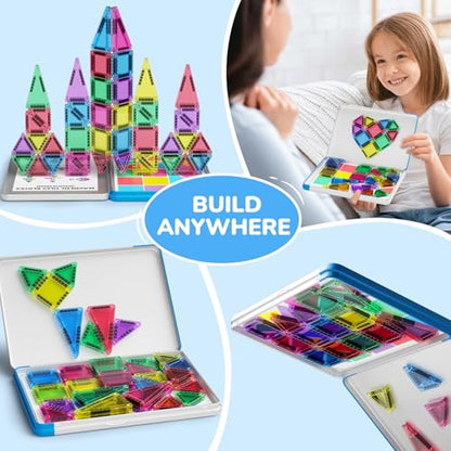 42PCS Mini Magnetic Tiles Travel Set with Iron Storage Box - Portable STEM Building Blocks for Kids 3-8, Montessori Educational Magnet Toys for Airplane, Car Rides & On-The-Go Play | Portable Montessori educational magnetic building tiles for airplane, ca