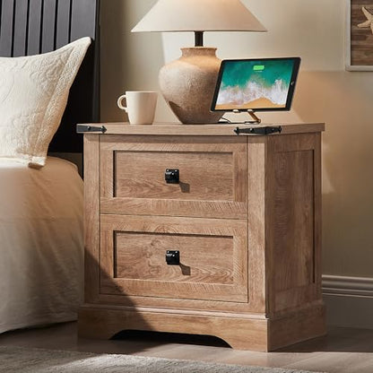 T4TREAM 24" Farmhouse Nightstand with Charging Station, Light Knotty Oak | End Table, 2 Large Storage Drawers, Rustic Wood Sofa Bedside Table, Bedroom, Living Room - color: Light Knotty Oak, size: 24"W*15.75"D*24"H