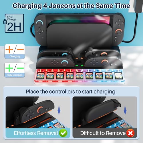 Charging Dock for Swi-tch 2 with Game Card Storage & RGB Light | Compact all-in-one station charges 4 controllers and stores 9 game cards for neat organization