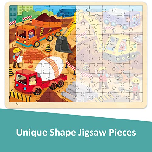 100 Piece Puzzles for Kids Ages 4-8, Construction Site | Wooden Jigsaw Puzzle for 3 4 5 6 Year Old, With Tray - style: 100 Piece