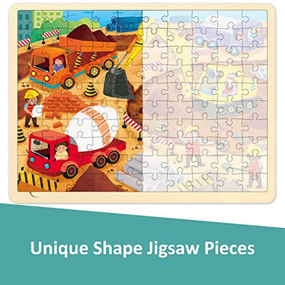 100 Piece Puzzles for Kids Ages 4-8, Construction Site | Wooden Jigsaw Puzzle for 3 4 5 6 Year Old, With Tray - style: 100 Piece