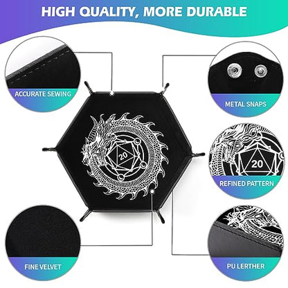 2 Pcs Portable Folding Dice Rolling Tray Set for RPG DND Table Games - PU Leather and Velvet Holder Storage Box - Dragon and Phoenix - color: Dragon and Phoenix
