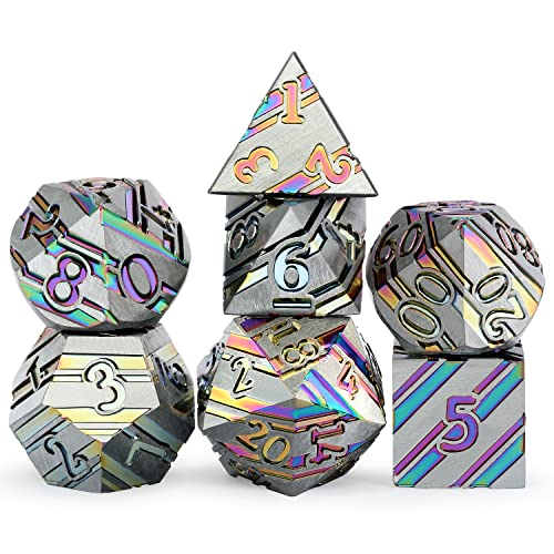 DNDND Rainbow Stripe DND Metal Dice Set,7 PCS Zinc Alloy with Gift Case for Dungeons and Dragons D&D (Rainbow) - color: Stripe Rainbow