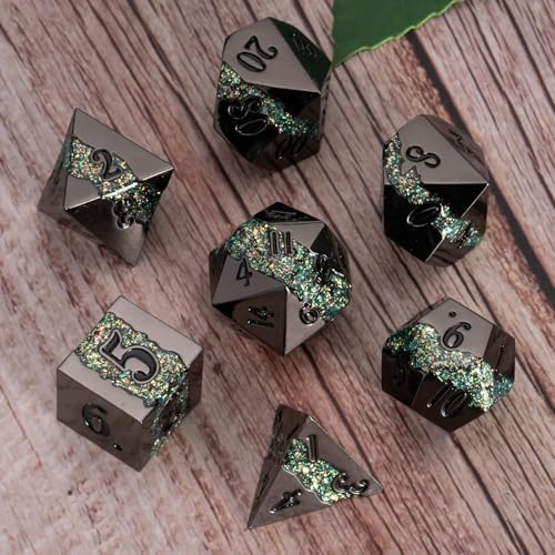 Metal DND Dice Set, 7PCS Polyhedral Metal Dice with Galaxy Glitter Inlay, Heavy RPG Dice Set for Dungeons and Dragons, Pathfinder Tabletop Games - color: Black Nickel Green