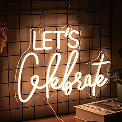 Let's Celebrate Neon Sign Dimmable Warm White Neon Light Let's Celebrate Neon Signs for Wall Decor Powered by USB Words LED Lights for Bedroom Party Thanksgiving(16.5"x11.8") | USB Powered Letters Led Signs,Party Holiday Led Light Sign,Graduation back to