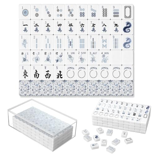 Soulchen 160 Chinoiserie Blue Porcelain American Mahjong Tile Set with Acrylic Storage Box & Dice 1.2" 3D Engraved Tiles for Adults Friends Family Game Night Mahjong Travel Size Chinese Game Gifts - style: Chinoiserie