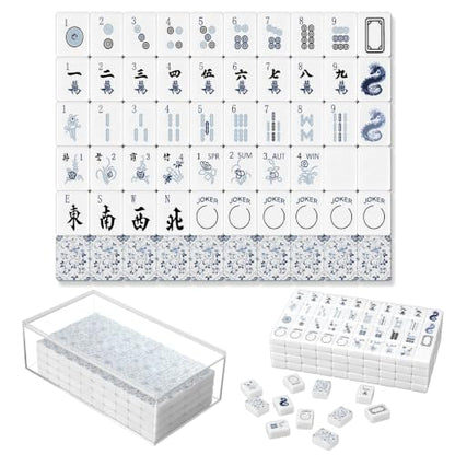 Soulchen 160 Chinoiserie Blue Porcelain American Mahjong Tile Set with Acrylic Storage Box & Dice 1.2" 3D Engraved Tiles for Adults Friends Family Game Night Mahjong Travel Size Chinese Game Gifts - style: Chinoiserie
