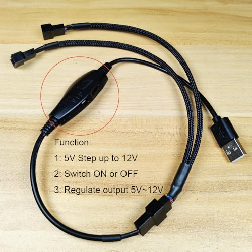 Gebildet 12V Voltage Step-Up USB to 3-Pin and 4-Pin PC Fan Sleeved Power Adapter Cable+Splitter Cable 1 to 2 with Switch and Speed Regulator - style: USB (1 to 2) switch/regulator