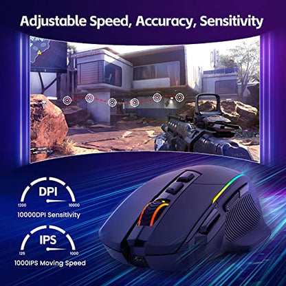 RisoPhy Wireless Gaming Mouse, 3 Modes - 2.4G/USB-C/Bluetooth 6 Level 10000DPI Chroma RGB Backlit Ergonomic 8 Programmable Buttons, 58H Capacity Rechargeable Computer Mouse for PC/Mac/Laptop