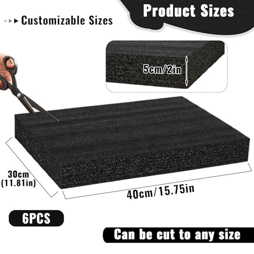 6 Pcs 16'' x 12'' x 2'' Polyurethane Foam - Foam Inserts for Cases Packing Foam Black Craft Foam Sheets for Packing Camera Toolbox Storage - size: 16'' x 12'' x 2''