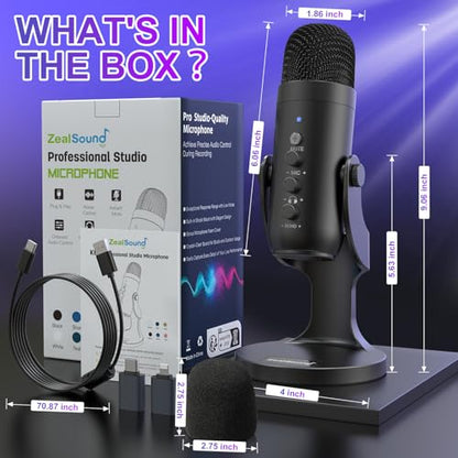 ZealSound Podcast Microphone for PC, Noise Cancellation USB Mic with Gain, Volume Adjustment & Mute Button, Monitoring & Echo, for YouTube, TikTok, Podcasting, Streaming, iPhone, iPad, Android, Mac - color: Black