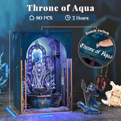 MiniCity Book Nook Kit, DIY Underwater Mythic Ruin Miniature with Led Light, Craft Model with Free Stand, 80+Pcs Easy Assembly for Adults Teens, Fantasy Bookshelf Decor & Gift (Throne of Aqua) | DIY building kit with a free figure; Build in 2-4 hr; 80-pie