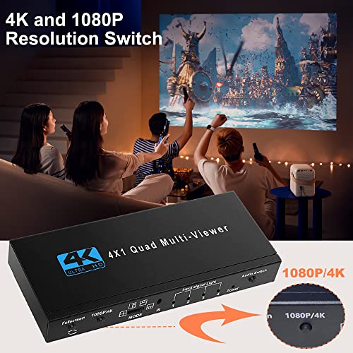 HDMI Multiviewer Switch 4X1, WrixWric HDMI Quad Multi-Viewer Seamless Switcher 4 in 1 Out with IR Remote, Support 4K 30Hz, 5 Display Modes for Security Camera, Monitor, Gaming Consoles - color: 4x1 HDMI Quad Multiviewer