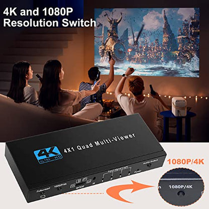 HDMI Multiviewer Switch 4X1, WrixWric HDMI Quad Multi-Viewer Seamless Switcher 4 in 1 Out with IR Remote, Support 4K 30Hz, 5 Display Modes for Security Camera, Monitor, Gaming Consoles - color: 4x1 HDMI Quad Multiviewer