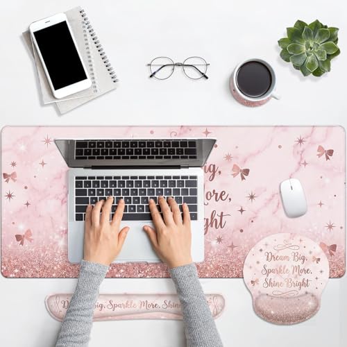 Britimes Pink Glitter Marble Keyboard Mouse Pad Set Bow Inspirational 4in1 Large Mousepad+Keyboard Wrist Rest+Mouse Wrist Rest+Coaster Ergonomic Design for Home Office Computer 35.4x15.7 inches - color: Pink Glitter Marble