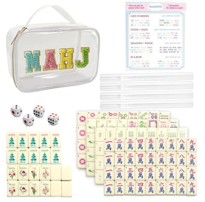Mini Mahjong Set,American Mahjong Game Set,Complete Mahjong Tile Set with 166 White Tiles (0.8’’),4 Tile rulers,4 dice,1 Bag,5 Instruction Manuals,Perfect Mahjong Game Gift for Enthusiasts