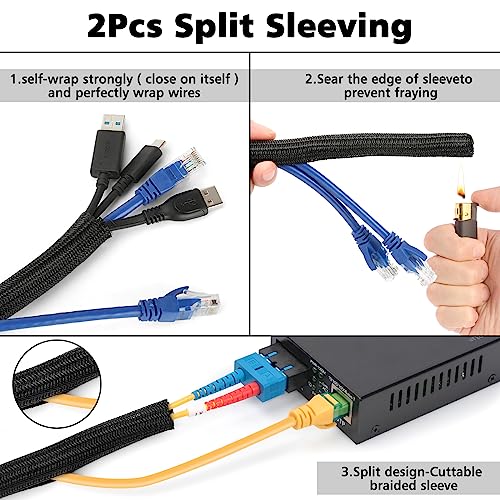 Cable Management Organizer Kit 2 Cable Sleeve Split with 41Self Adhesive Cable Clips Holder, 10pcs and 2 Roll Self Adhesive tie and 100 Fastening Cable Ties for TV Office Home Electronics etc - color: Black