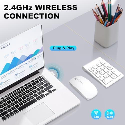 TRELC Wireless Numeric Keypad, Mini 2.4G 18 Keys Number Pad, Portable Silent Financial Accounting Numeric Keypad Keyboard Extensions with Wireless Mouse for Laptop, PC, Desktop, Notebook (White) - color: White