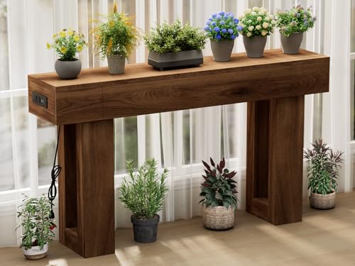 63 Inch Long Console Table w/Outlets & USB Ports, Narrow Rectangular Sofa Table Behind The Couch, Farmhouse Entryway Table for Entrance, Hallway, Living Room(Brown with Outlet) - color: Brown, style: With Socket