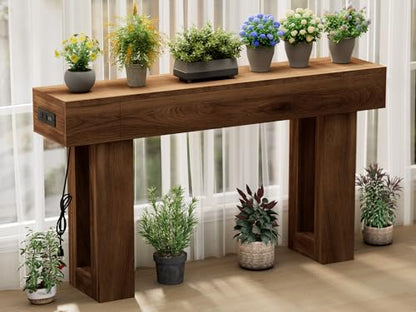 63 Inch Long Console Table w/Outlets & USB Ports, Narrow Rectangular Sofa Table Behind The Couch, Farmhouse Entryway Table for Entrance, Hallway, Living Room(Brown with Outlet) - color: Brown, style: With Socket