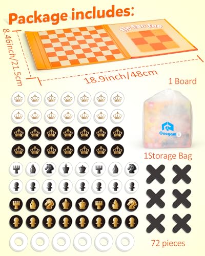 Coogam Magnetic Travel Chess Board Game, 3 in 1 Tic-Tac-Toe Checkers Set, Indoor Outdoor Activity Travel Toy Gift for Family Friends Party Favor
