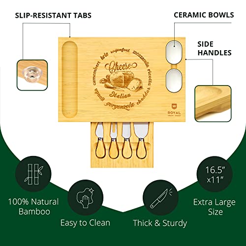 ROYAL CRAFT WOOD Bamboo Cheese Board and Knife Set with Charcuterie Board & Serving Tray with 4 Stainless Steel Knife & Thick Wooden Server with Bowls and Serveware Accessories - style: 1-4 Guests