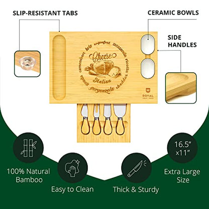 ROYAL CRAFT WOOD Bamboo Cheese Board and Knife Set with Charcuterie Board & Serving Tray with 4 Stainless Steel Knife & Thick Wooden Server with Bowls and Serveware Accessories - style: 1-4 Guests