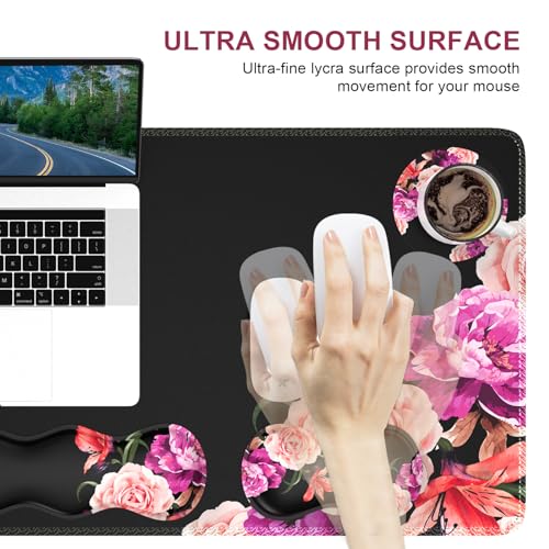 iLeadon Mouse Pad Set, Peony Flower Desk Mat for Keyboard and Mouse | Mouse Pad and Keyboard wrist rest,Coaster, Desk Mat Set with Stitched Edge & Non-Slip Base, Desk Pad Mat for Work Gaming - color: Peony Flower