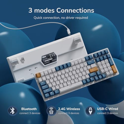 RK ROYAL KLUDGE RK98 Wireless Mechanical Keyboard, 100 Keys 98% Layout with Custom Switches Hot Swappable, Tri-Mode BT5.1/2.4G/USB-C Full Size Gaming Keyboard with Numpad RGB, Brown Switch - color: White, size: Hot Swap Brown Switch
